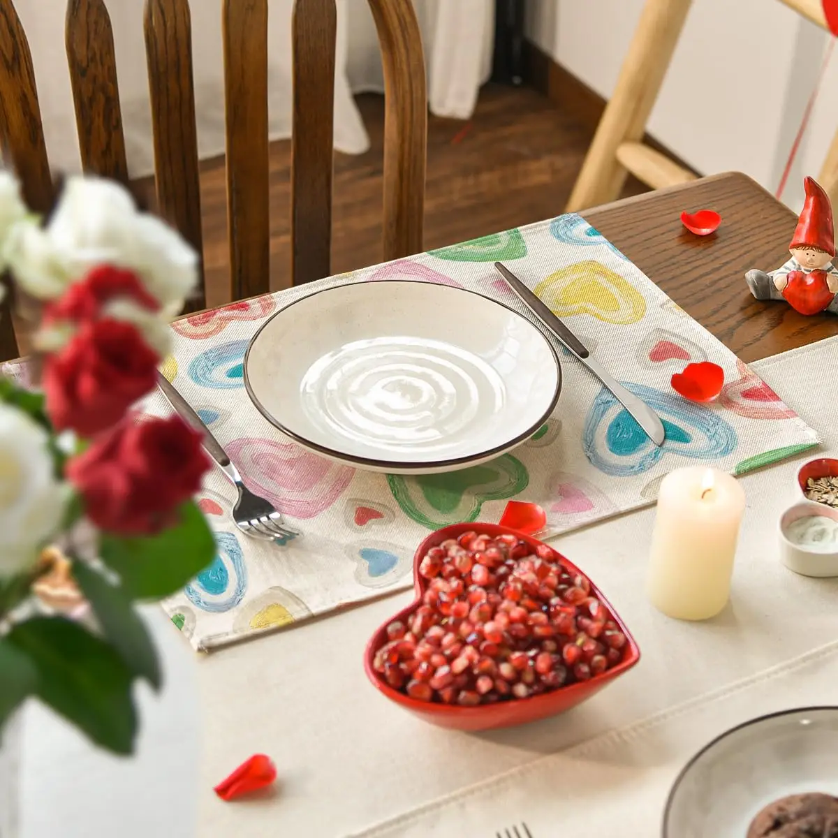 Colorful Valentines Heart Candy Placemats Set of 4, 12x18 Inch Wedding Anniversary Table Mats for Party Kitchen Dining Decor