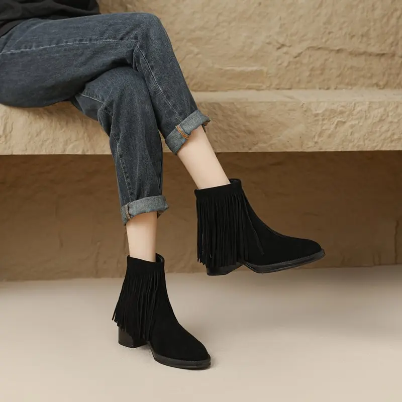 MORAZORA 2021 New Cow Suede Leather Ankle Boots For Women Zipper Tassel Square High Heels Autumn Winter Western Boots Female