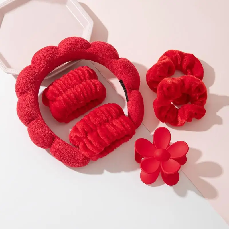 4/6-teiliges Plüsch-Hautpflege-Stirnband-Set mit saugfähigen Handgelenkbändern und niedlicher Blumen-Haarklammer für Gesichtsreinigung, Make-up und Hautpflege – Detail 11