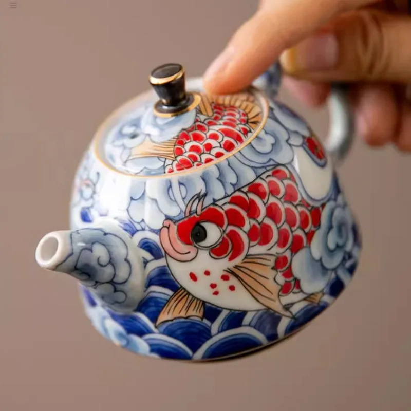 Vintage Glazed Blue and White Dragon Fish Nafu Tea Pot Kung Fu Tea Set Household Chinese Ceramic Teapot