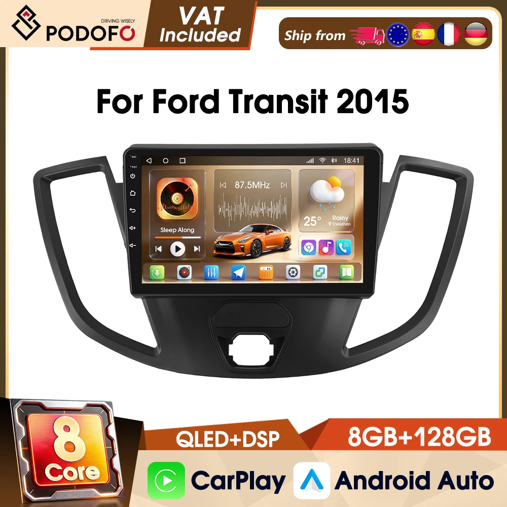 Podofo 8-Kern Android Autoradio für Ford Transit 2015 Multimedia-Player Kabelloses Carplay Android Auto GPS-Navigation 4G LTE WIFI