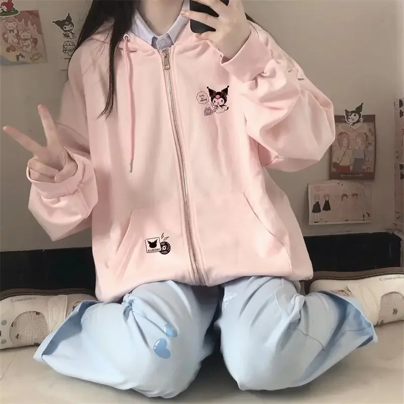 Japanese Sanrio Kuromi Cute Cartoon Embroidered Hooded Cardigan Female Spring Autumn Loose Pink Vintage Cardigan Zip Up Hoodie