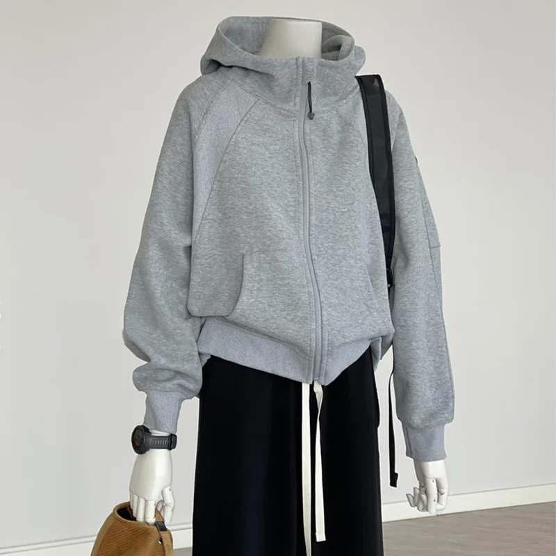 

Женское серое пальто с капюшоном для отдыха, свободные универсальные бейсбольные трикотажные топы для девочек, студенческие весенне-осенние минималистичные новые толстовки с капюшоном, оптовая продажа