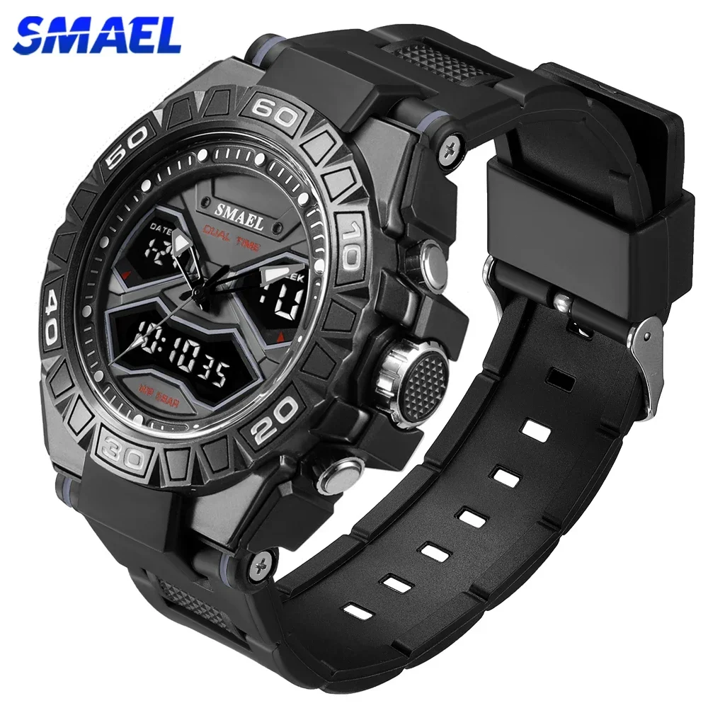 SMAEL Sports Mens Watches Luxury Military Quartz Digital Watch Shockproof Waterproof LED Electronic Dual Display Wristwatch Male