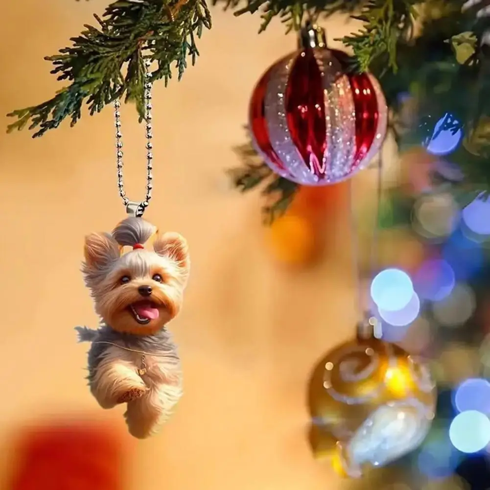 Dog Christmas Ornament Unique Car Decoration 2d Acrylic Cartoon Dog Pendant Hanging Keychain Decoration with Lanyard Flat Auto