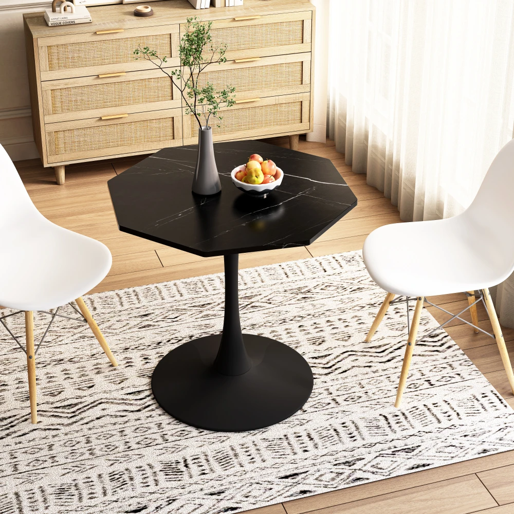 Modern Octagonal Coffee Table with Printed Black Marble Table Top,Metal Base, for Dining Room, Kitchen, Living Room