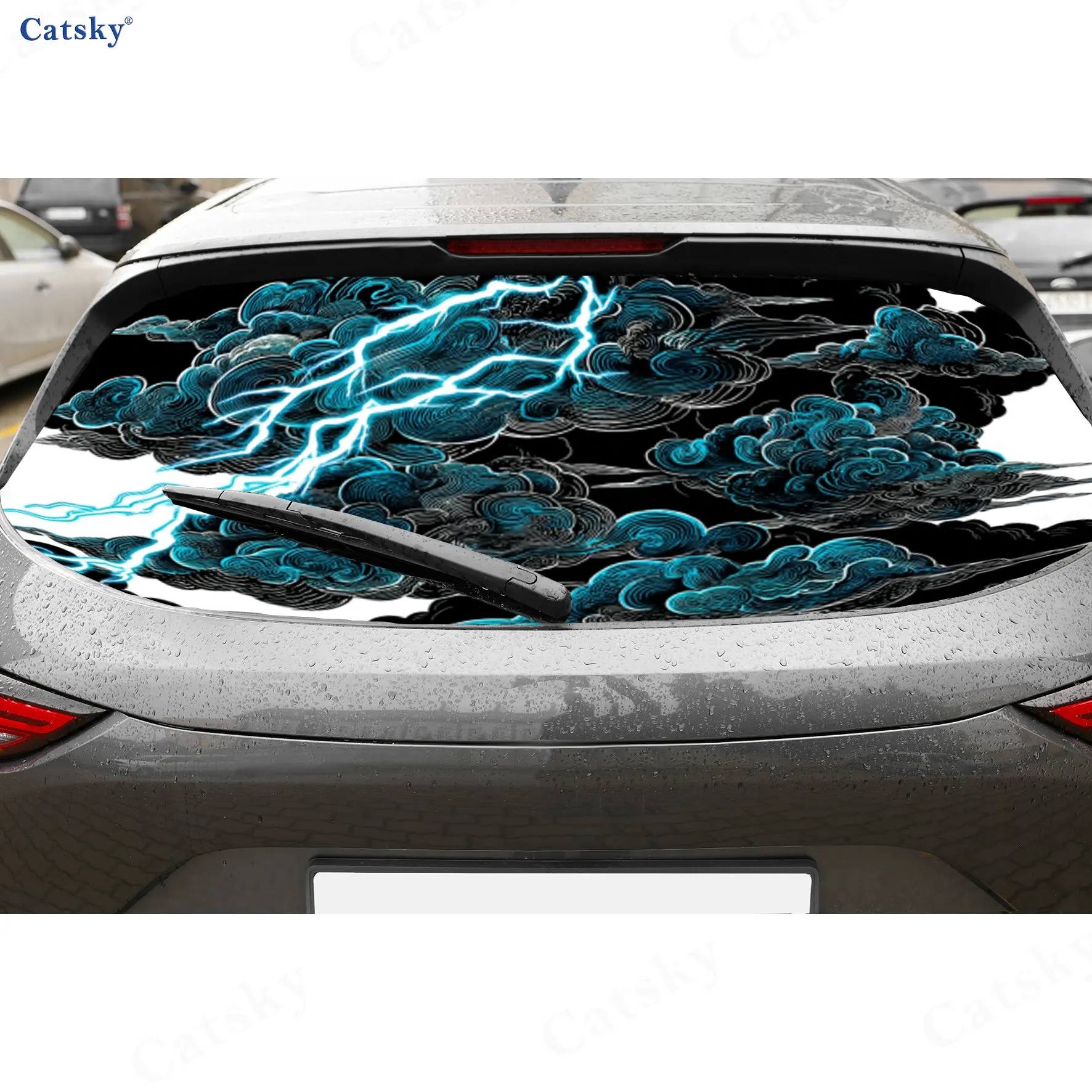 

Traditional Cloud & Lightning PVC Perforated Car Vinyl Wraps, Durable Car Rear Windshield Sticker, Waterproof Car Window Decal