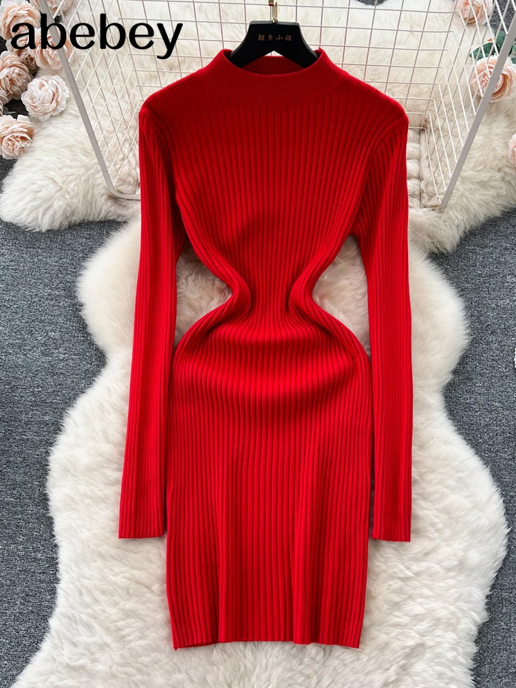 Abito lavorato a maglia autunnale da donna Mezza colletto Collo Abito maglione aderente basic elastico sottile sexy Mini abito caldo lavorato a maglia invernale