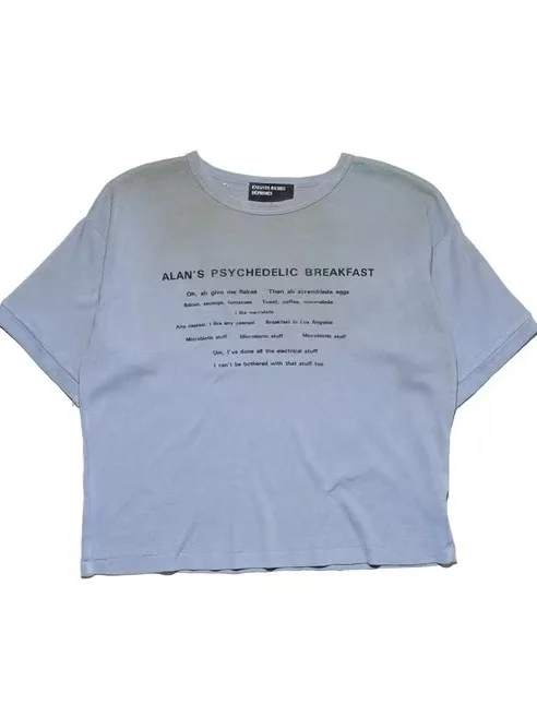 Washed Vintage Blue Print Short Sleeve T-Shirt Unisex Fashionable Allen's Breakfast Series Cotton round Neck Men's Women's