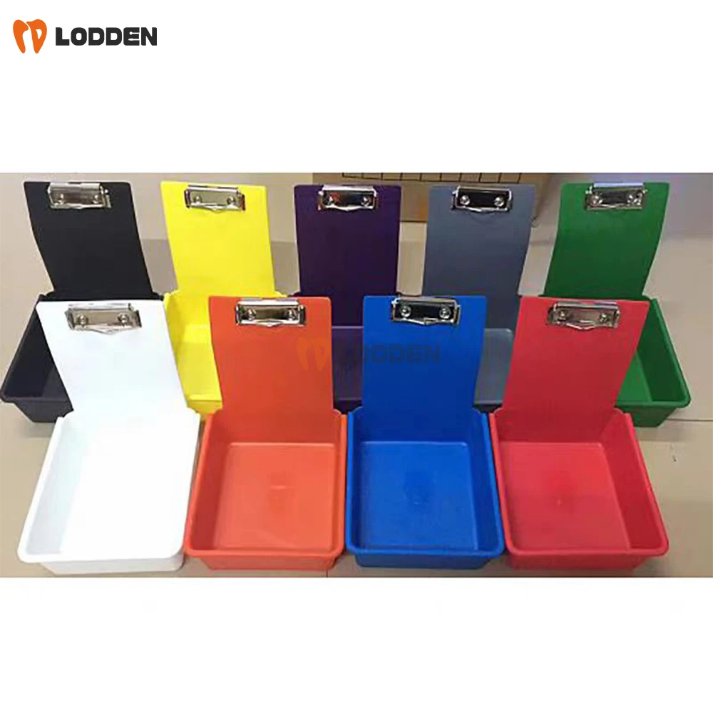 10pcs Dental Lab Work Pans with Metal Clip Holder Tools Colourful Plastic Storage Box Tray Dentistry Lab Sorting Organizing Box