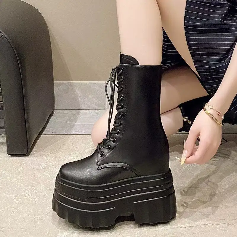 

New Arrival Autumn Ankle Boots Women High Platform Motorcycle Boots Winter Lace-up Chunky Sneakers Comfortable Leather Boot 14CM