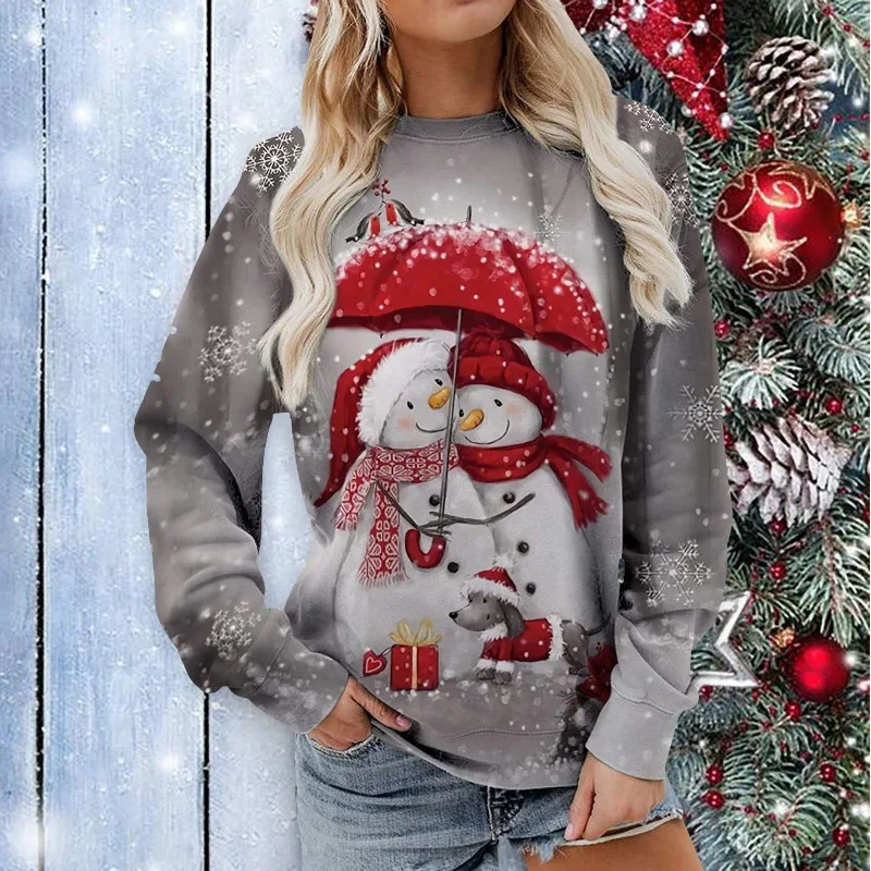 2024 new European and American Christmas snowman 3D printed women\'s round neck long sleeved autumn casual pullover top