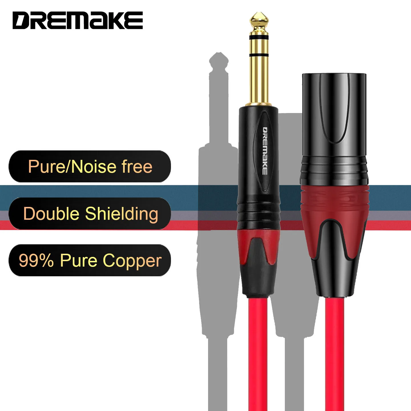 DREMAKE XLR to 1/4 Inch TRS Mic Audio Cable XLR 3-Pin Male to Quarter Inch 6.35mm/6.5mm TRS Male Balanced Cord for Effect Pedal