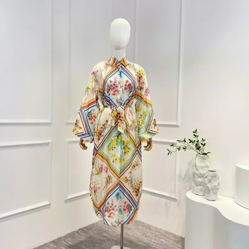 2023 New Multi-color Floral Printing Spring Summer Silk Vintage High Quality Long Sleeve Lace-up Woman Casual Midi Dress