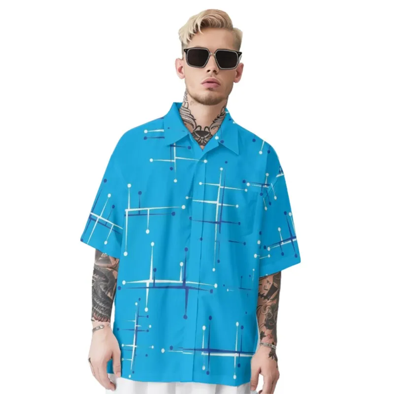 

Trendy Lines Print Shirt Men's Blue Hawaiian Chest Pocket Shirt Casual Short Sleeve Daily Smart Business Shirt For Men