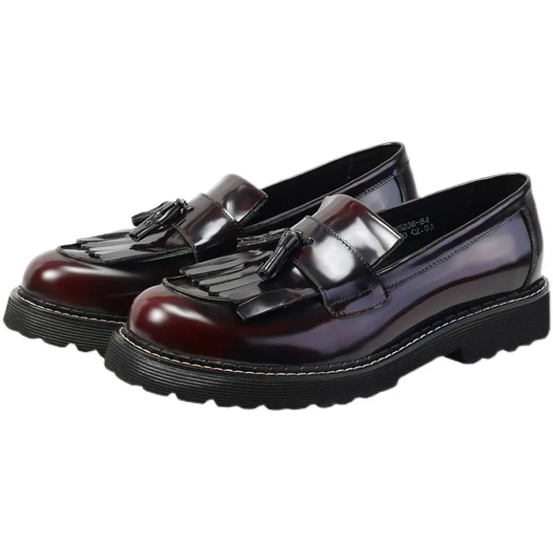 

Fashion Tassel Loafers Men's Thick Soled British Genuine Leather Business Casual Round Toe Dress Leather Shoes Male Oxfords