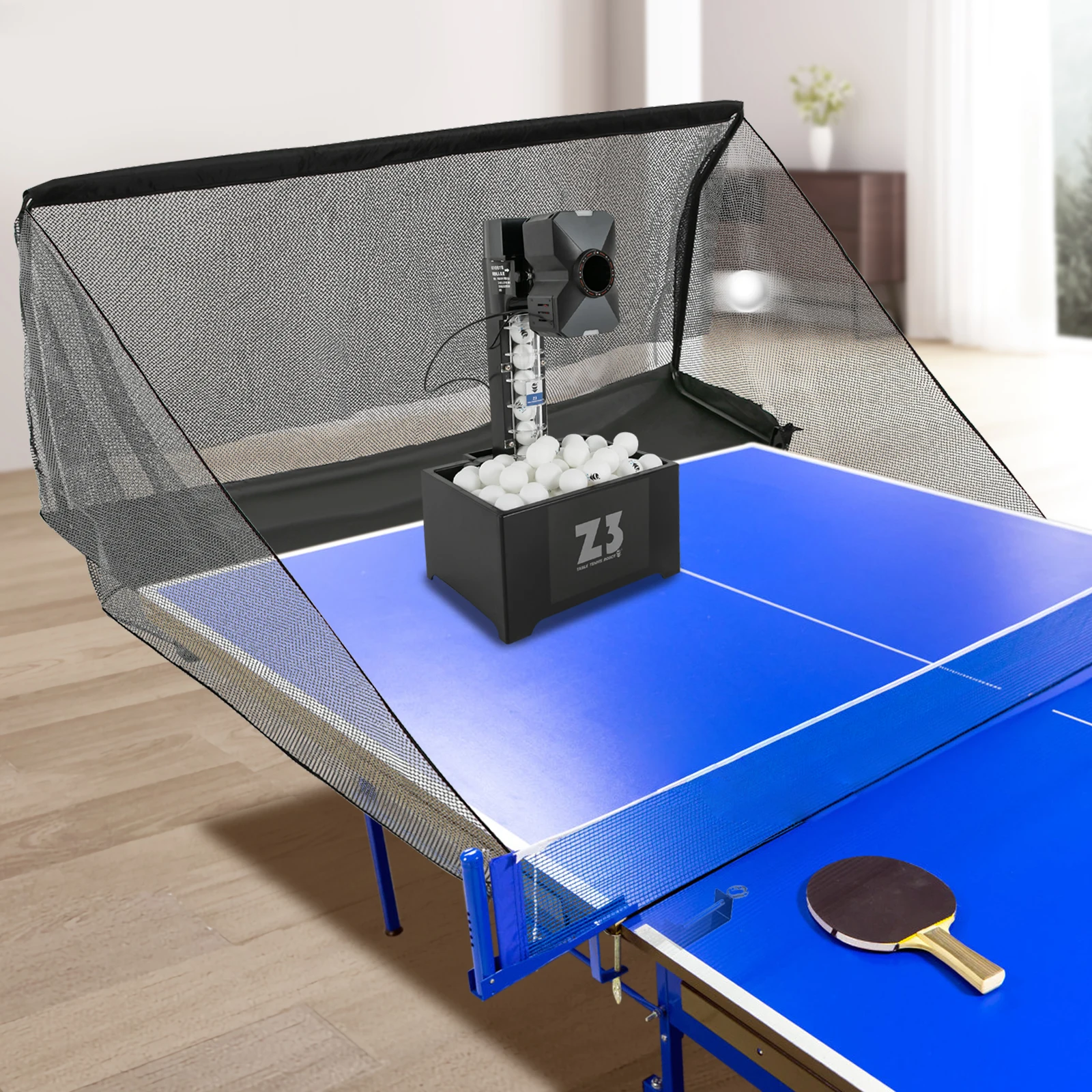 Mesin Bola Ping Pong Otomatis 10 Mode Mesin Pitching Robot Tenis Meja Remote Control dengan Jaring + 100 Bola ABS + Pemetik Bola