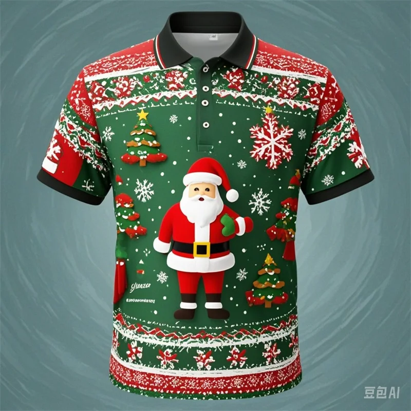 3D Print Mens Christmas Polo Shirt Clothes Santa Claus Patttern Short Sleeve Polo Shirts For Men Casual Oversized Button Tshirts