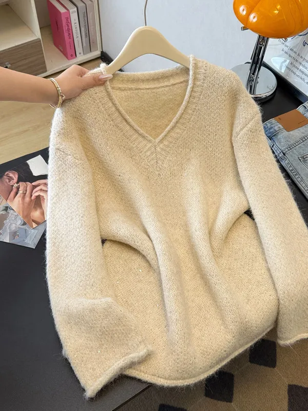 Loose Fit Large Size Knitwear Casual Style V-Neck Sequin Sweater Versatile Women's Fashion Winter Long Sleeve Crew Neck Top