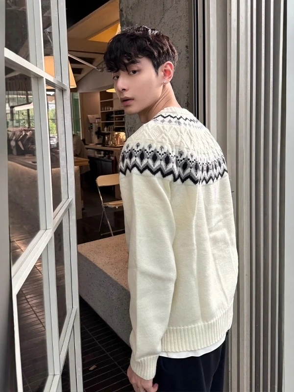 

American Retro Cleanfit Fair Isle Knitwear Men's Lazy Sle High-End Feel round Ne Pullover Knitted Sweater Geometric Pattern