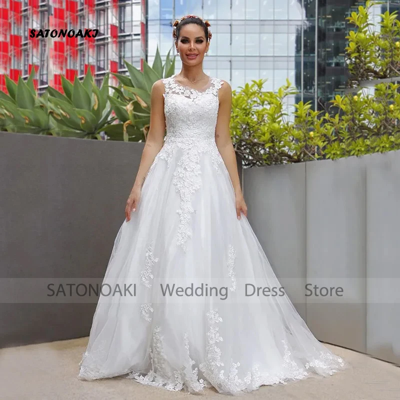 

Customized Elegant Simple Lace Wedding Dress for Women O-Neck A-Line Floor Length Appliques Backless Bride Gown Vestido De Novia