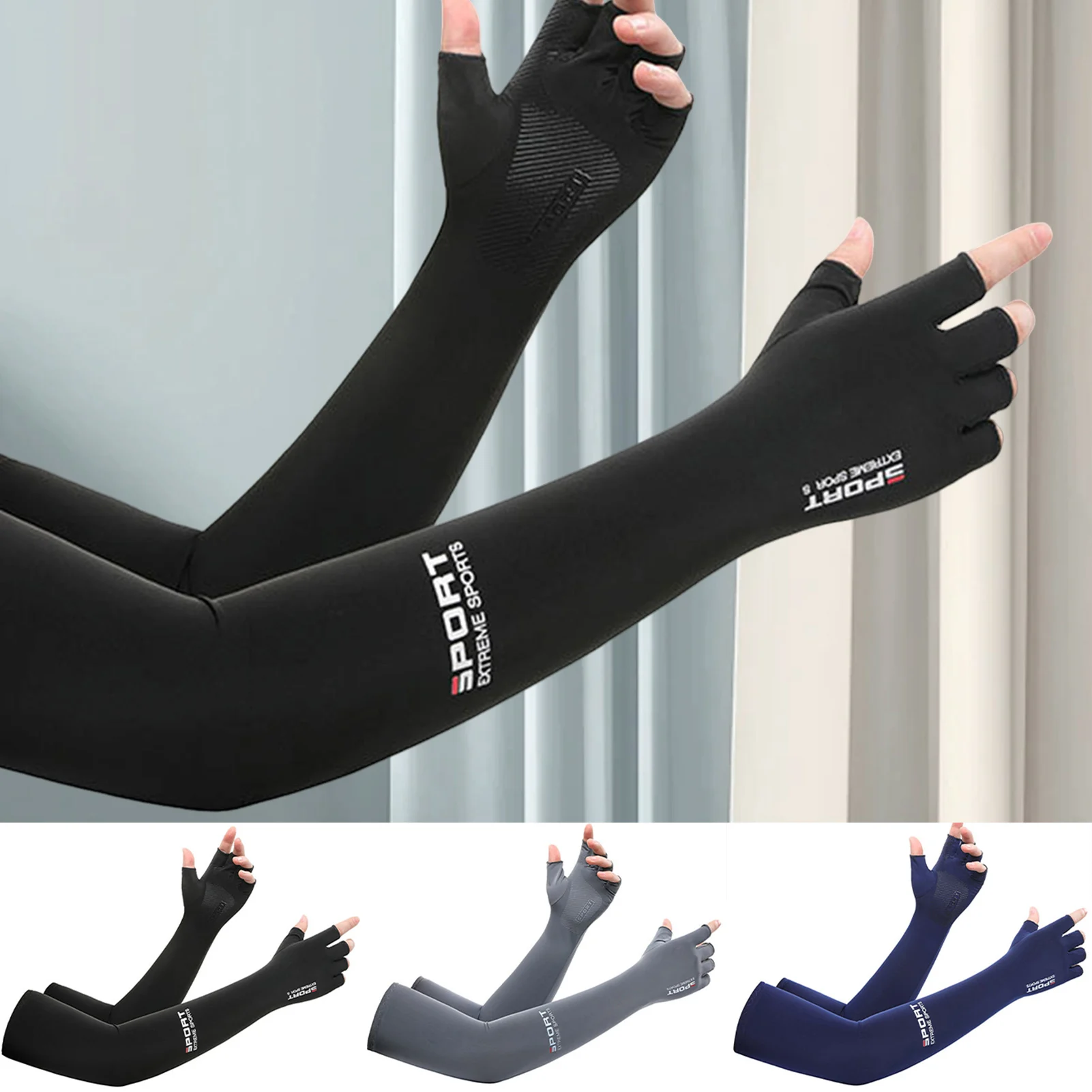 Sun Protect Fingerless Gloves Ice Silk Long Sleeve Arm Sleeves UV Guard Quick Dry Anti Slip for Summer Outdoor Sports