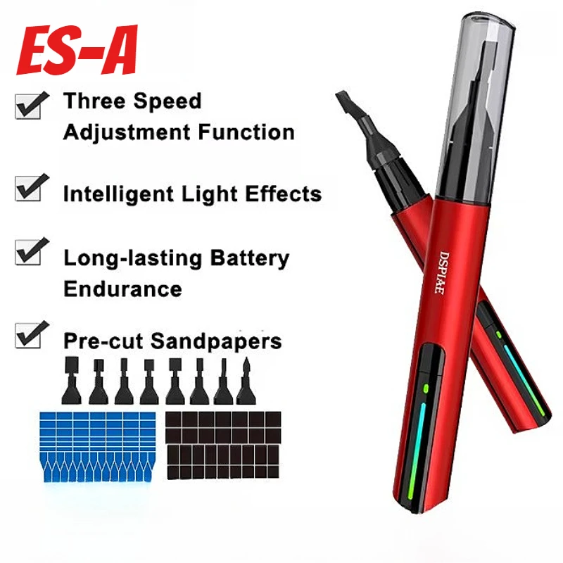 

ES-A Поршневая электрическая шлифовальная ручка DIY Шлифовальный полировальный станок 3-скоростной регулируемый с шлифовальными головками предварительно вырезанный Sandpape