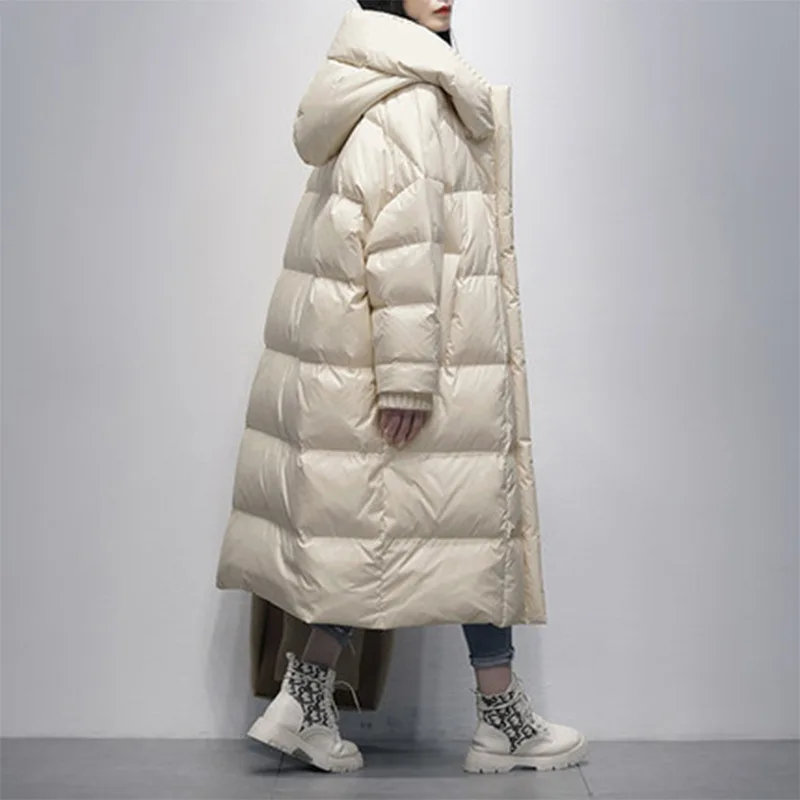 Women's Long Puffer Coats, Hooded Jacket, European Style, Shiny Outerwear Loose, Thickened Down Jacket, Windproof Coats, Fashion