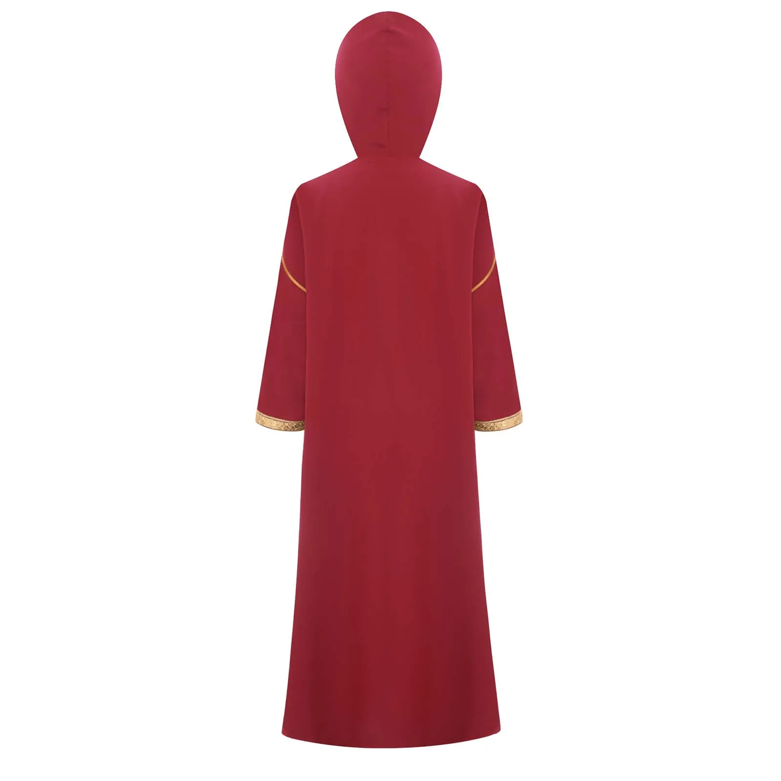 Kids Girls Muslim Robe Hooded Long Sleeves Zipped Slit Gold Embroidery Arab Gown Islamic Festival Religious Halloween Cosplay
