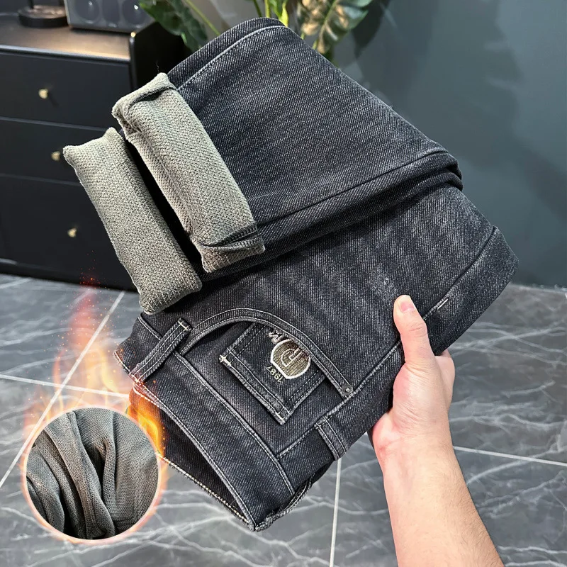 Cold resistant, warm and plush thick denim jeans for men, slim fit, tapered, elastic black, thick plush long pants