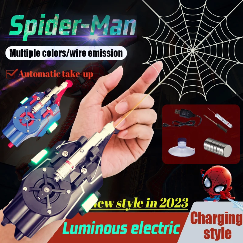 2023 Fully Automatic Marvel Superhero Spider-man Spider Silk Spray Cosplay Props Led Laser Aiming At Children\'s Novelty Toy Gift
