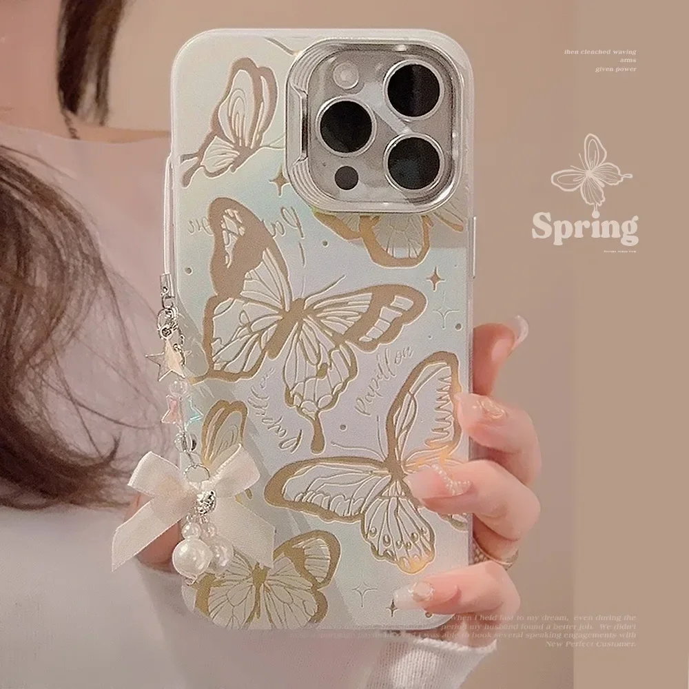 Fairy Silk bow tie pearls Pendant Butterfly art Phone Case For iPhone 16 15 14 13 12 11 Pro Max 16 Case Cute shockproof Cover