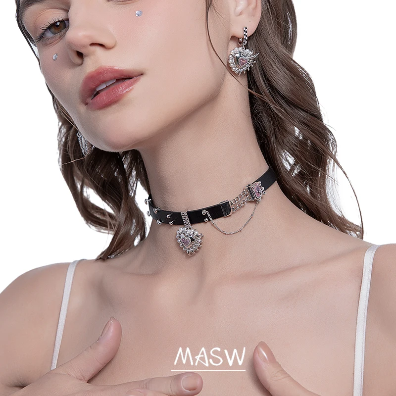 MASW Original Design Cool Black PU Choker Necklace 2023 Tren New Jewelry For Women Female Heart Necklace For Girl Party Gift