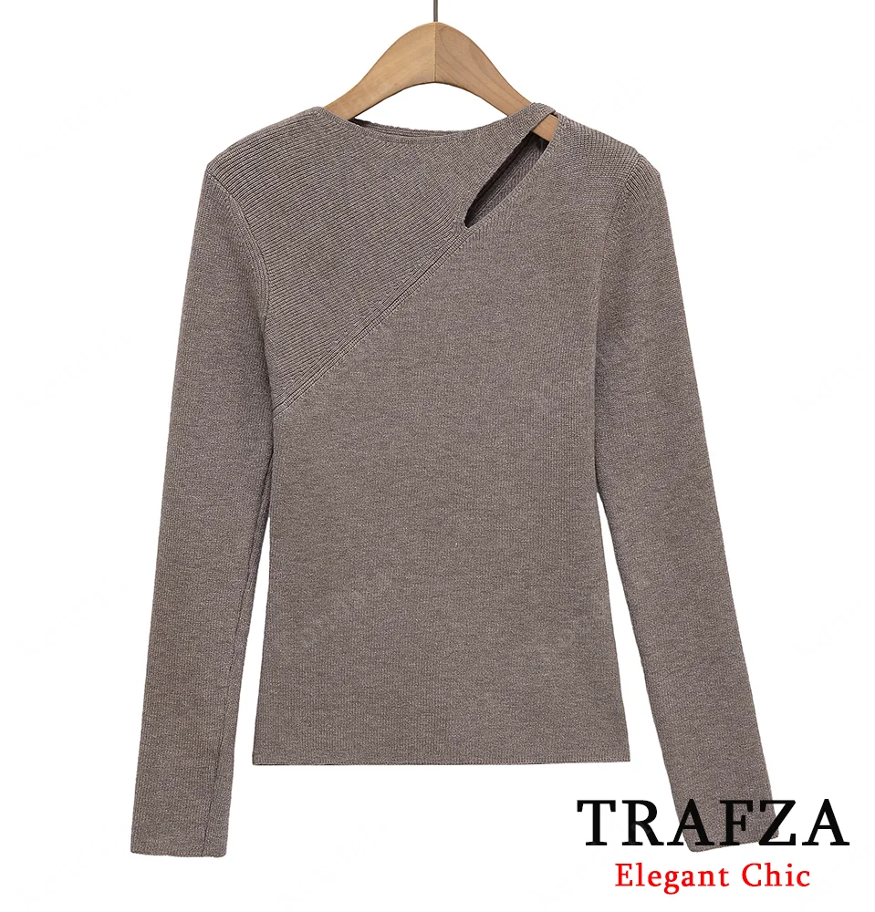 

TRAFZA Autumn Lady Elegant Slim Knitted Tops Hollowed-out Long-sleeved Shirt 2025 Spring Fall Fashion Retro Women Tight Sweater