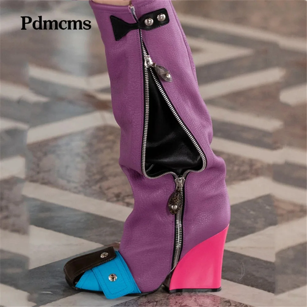 

Patchwork Wedges Knee High Boots Button Novelty Irregular Leather Mixed Color Side Zipper Square Toe Rivet Sexy Motorcycle Boots