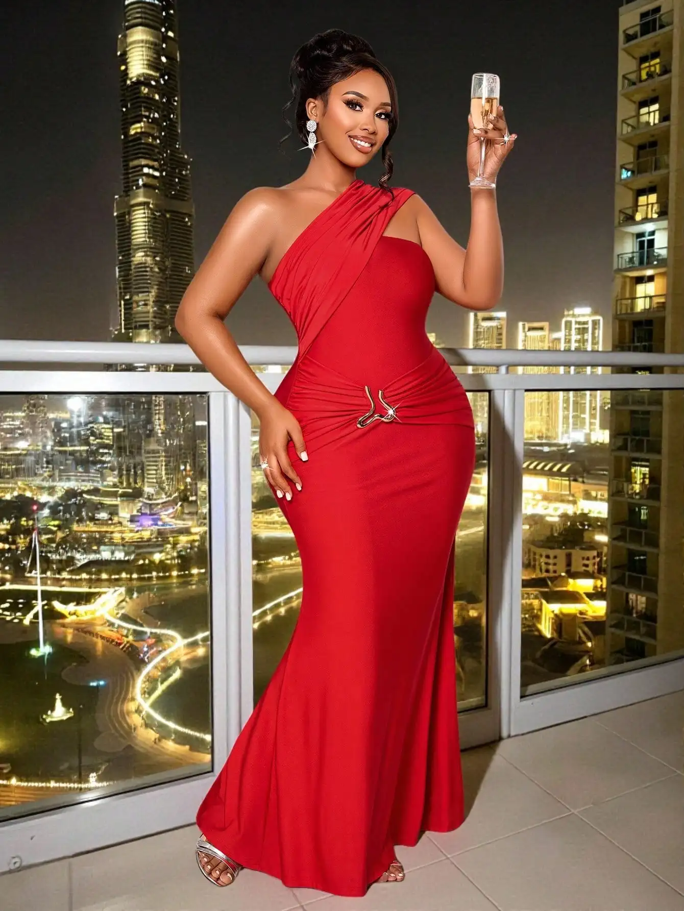 

Plus Size Red One-Shoulder Bodycon Maxi Dress with Fishtail Hem