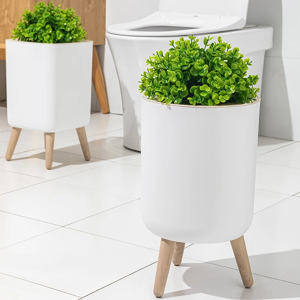 7/10L High Foot Trash Can With With Plant Style Lid Press Type Bathroom Trash Bin Toilet Garbage Can Kitchen Wastebasket
