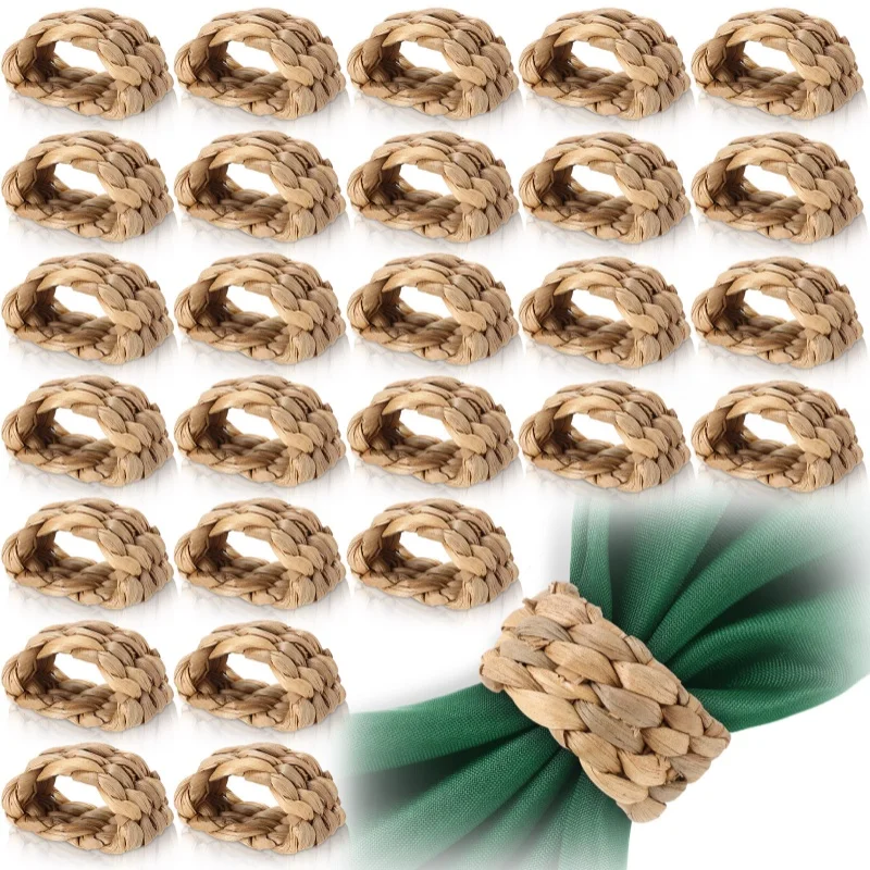 

Set of 50 Handcrafted Napkin Rings Made from Water Hyacinth, Featuring a Rustic Boho Semicircle Design, Perfect for Farmhouse Table Decoration During Thanksgiving, Christmas, Or Wedding Banquets