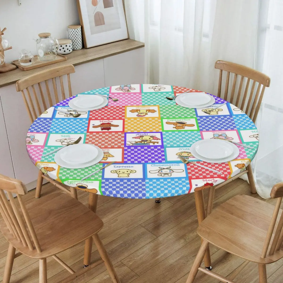 Customized Round Cinnamoroll Sanrio Cartoon Tablecloth Fit Elastic Edge Table Cloth Yugui Dog Xina Cinnamon Dog Table Covers