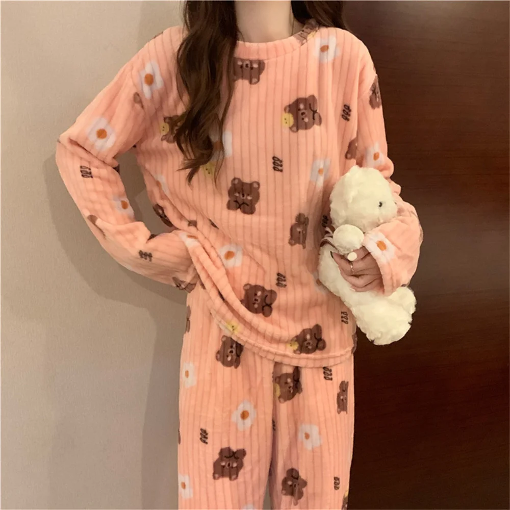 Conjunto de pijamas de flanela quente feminino, veludo coral grosso, manga comprida, pijamas dos desenhos animados, outono, inverno, 2 peças