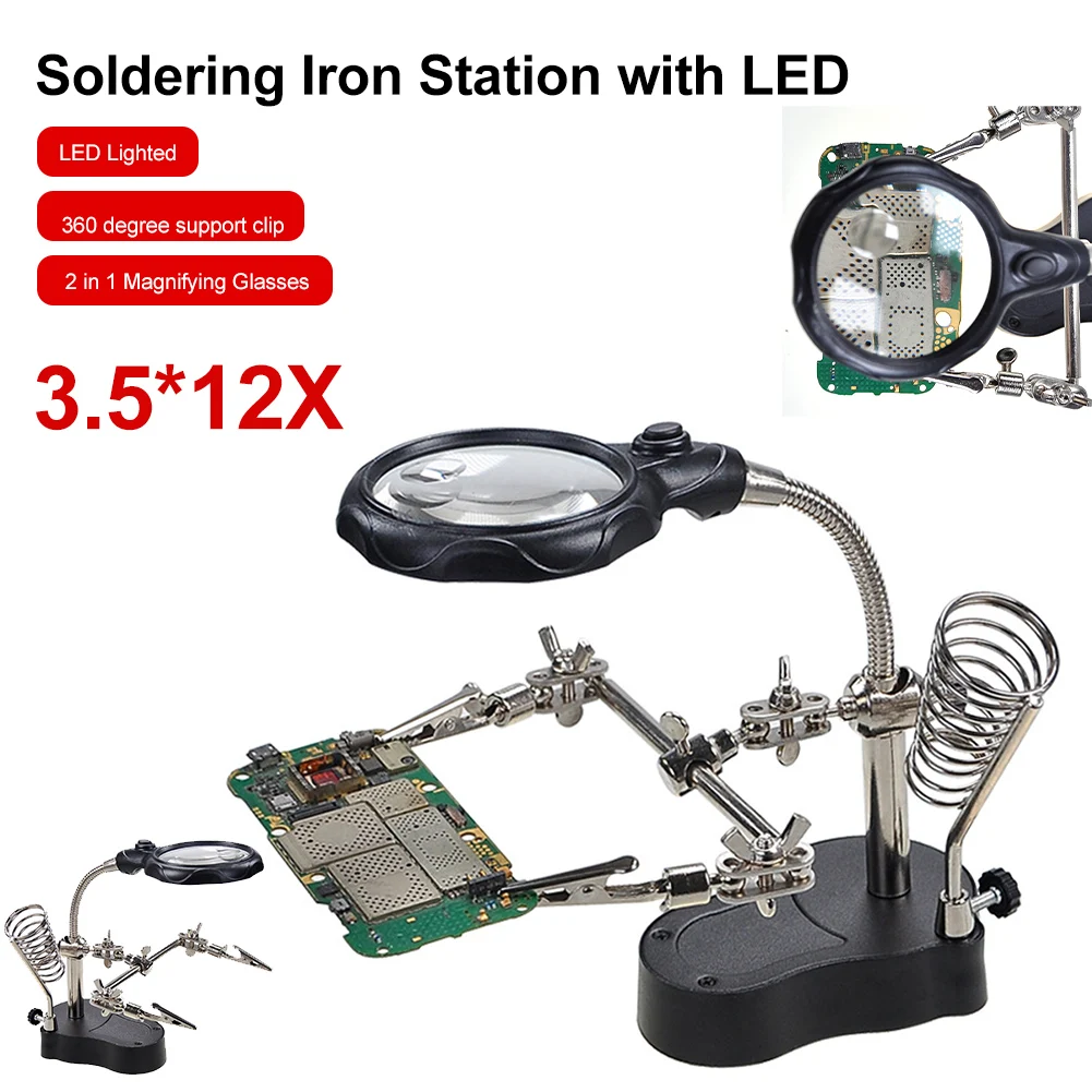

12X 3.5X Lens Soldering Repair Tool Bench Auxiliary Clip with LED Light Magnifier Desktop Magnifier Third Helping Hands