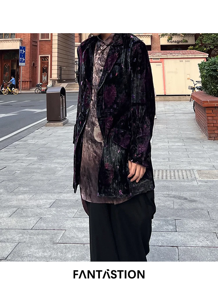 

FANTASTION Original design Scattered flowers Velvet blazers Purple Printed Vintage unisex Casual suit jackets suit coat tops