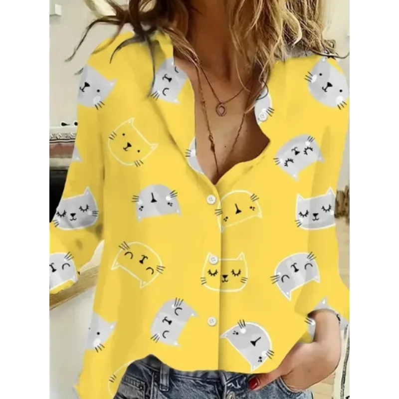 Cute Animal Prints Shirt Women\'s Tops Cartoon Cat Pattern Personalized Street Long Sleeve Tops Fashion Women\'s Trend Blouses Top