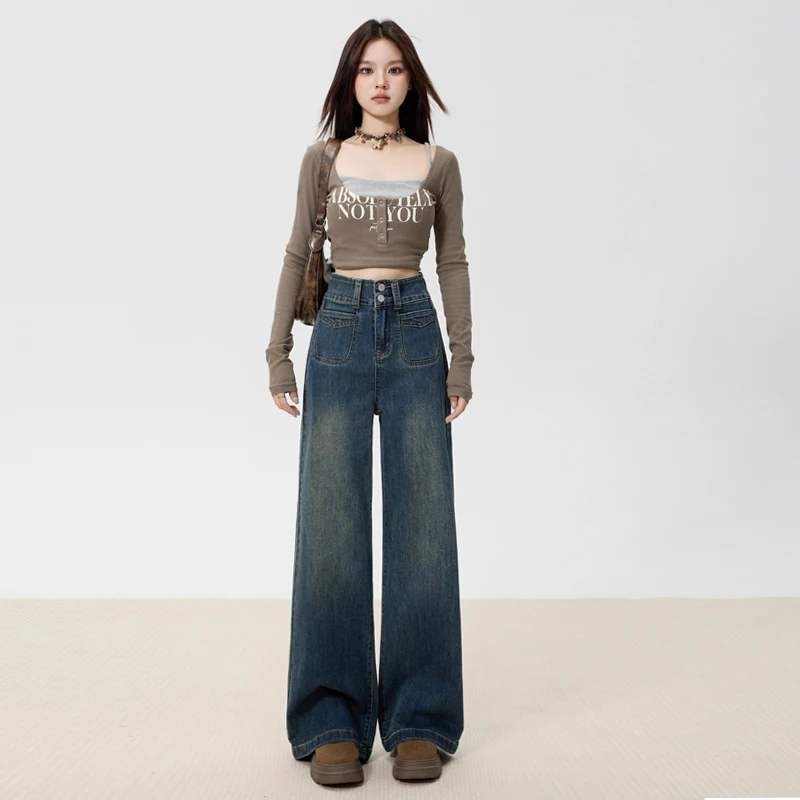 

Shascullfites American Retro High Waist Wide Leg Jeans For Women Autumn And Winter New Loose Slim Flared wide Leg Pants