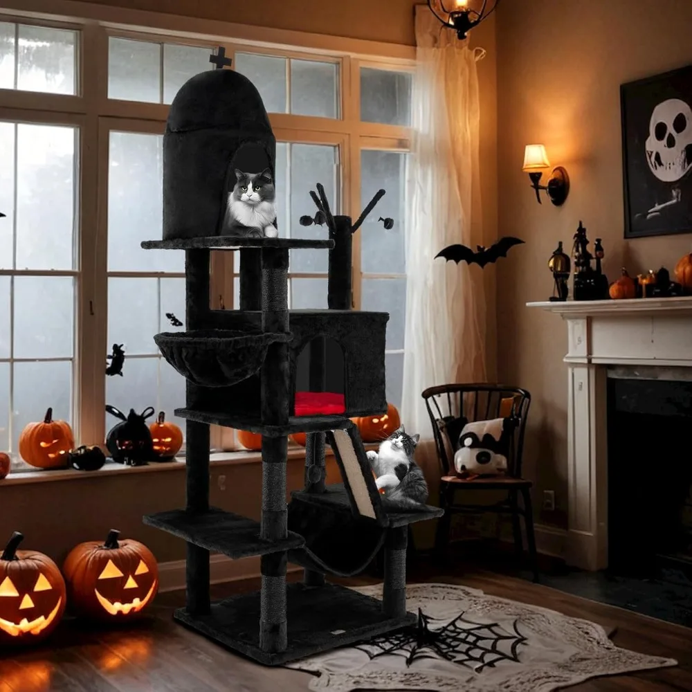 Gothic-Style 67 Tall Multi-Level Cat Tree with Scratching Posts, Ladder, and Hanging Toys for Spooky Playtime