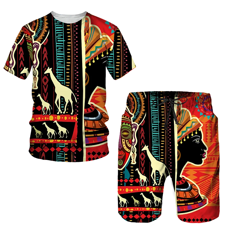 Tuta da uomo estiva in stile africano Set t-shirt con stampa Totem etnica pantaloncini abiti Vintage oversize moda abbigliamento Casual