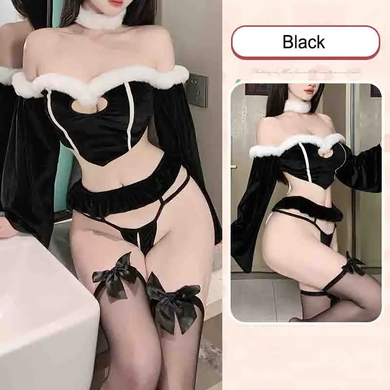 Women Sexy Costumes Hollow Out Top Choker Ruffle G-string Christmas Cosplay Outfit Maid Set FurBall Decoration Sexy Lingerie Set