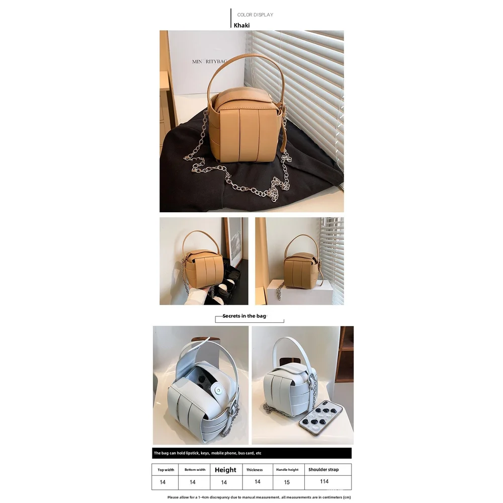 2025年新作 編み込みバケットバッグ トレンドチェーンスモールバッグ カラーコントラスト シングルショルダー クロスボディバッグ