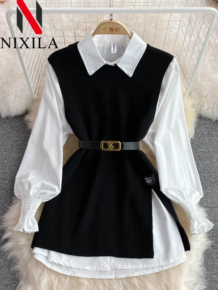 New Autumn Women Fashion Korean Office Lady Lapel Lantern Sleeves White Shirt V-neck Pullover Knitted Vest Casual Two-piece Set