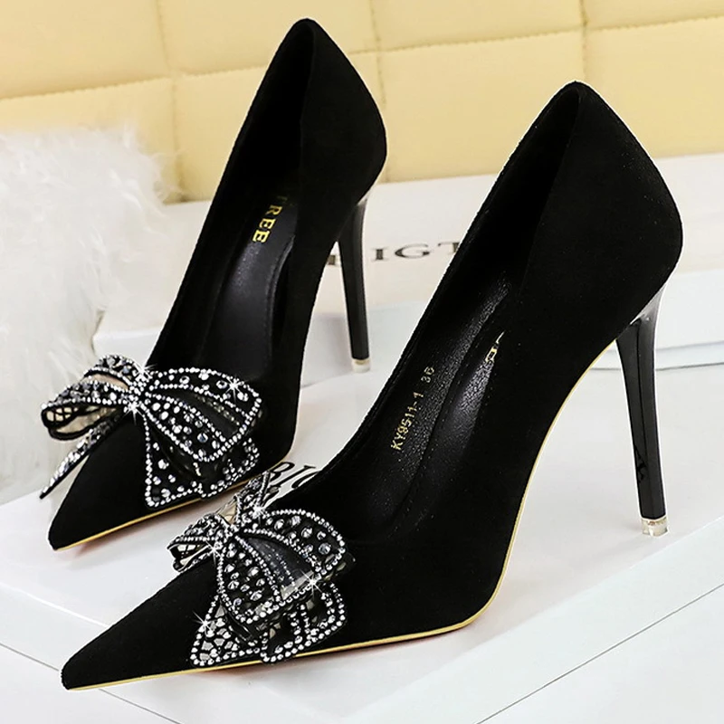 Spring New Women Heels Fashion Women Pumps Rhinestone Bowknot High Heels Ladies Shoes Luxury Elegant Party Shoes Plus Size 43